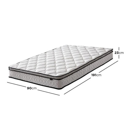 The Aristos & Venus Bunk Bed & Mattress Package features a single-size mattress with a quilted top and contrasting piping, complementing the triple bunk bed's space-saving design and functionality.