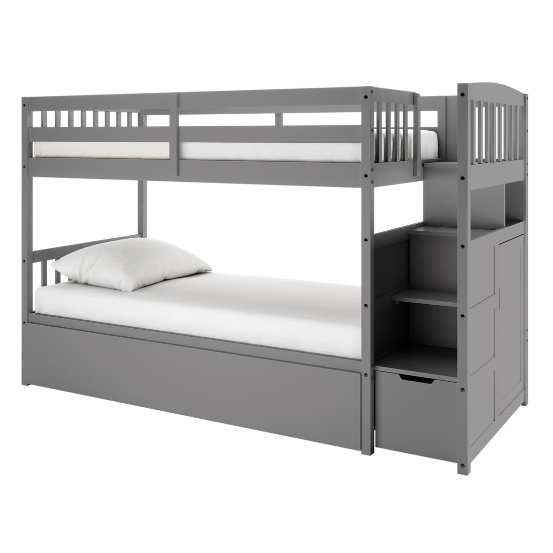 Flavia Solid Pine Wood Staircase Storage Bunk Bed in Grey features a sleek two-level design with guardrails, integrated shelving staircase, and pull-out drawer, ideal for stylish, space-efficient children's rooms.