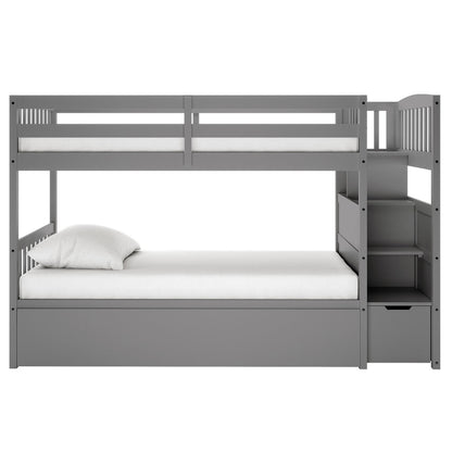 Flavia Solid Pine Wood Staircase Storage Bunk Bed in Grey features an upper sleeping platform with guard rails, a lower perpendicular bed, and a right-side staircase with built-in shelving and drawers.