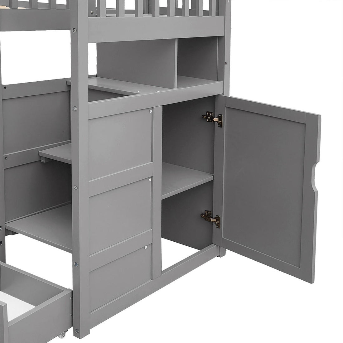 Flavia Solid Pine Wood Staircase Storage Bunk Bed in Grey features a pull-out drawer, open cubbies, and a two-door cabinet with a shelf, showcasing practical storage solutions.