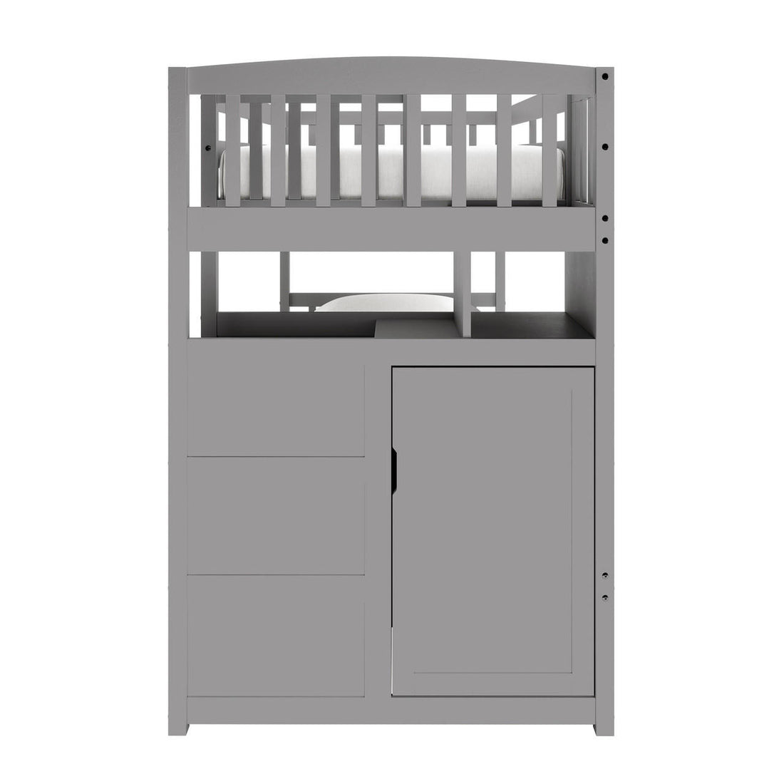 Flavia Solid Pine Wood Staircase Storage Bunk Bed in Grey features a loft-style sleeping area with slatted guardrails, integrated storage including three drawers and a cabinet, set against a white background.