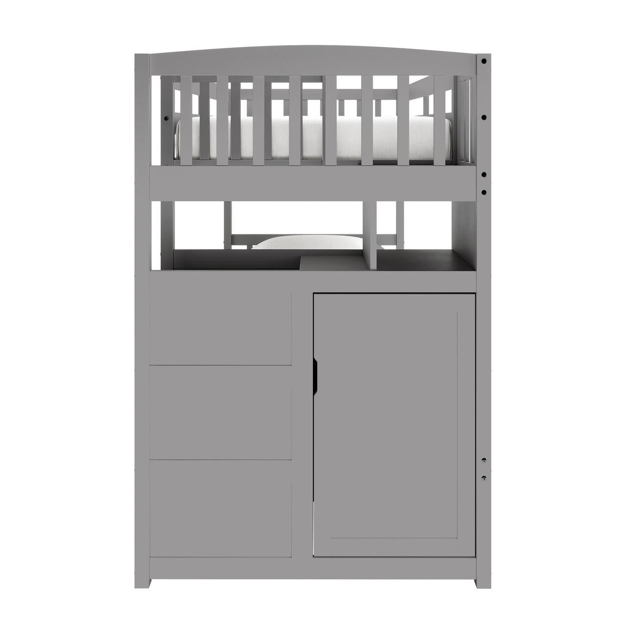 Flavia Solid Pine Wood Staircase Storage Bunk Bed in Grey features a loft-style sleeping area with slatted guardrails, integrated storage including three drawers and a cabinet, set against a white background.
