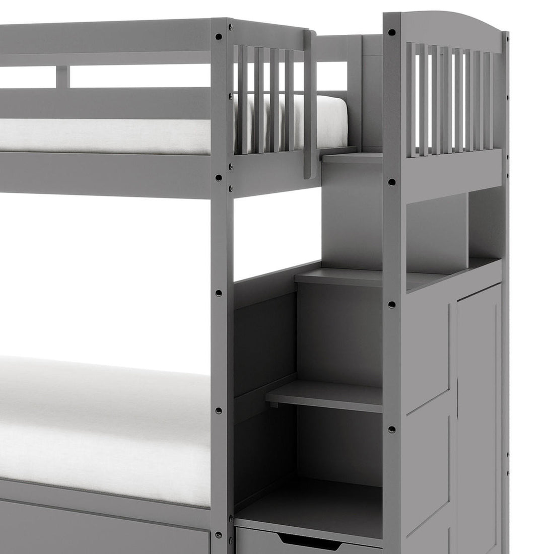 Flavia Solid Pine Wood Staircase Storage Bunk Bed in Grey features a two-tier design with built-in storage steps, guardrails on the upper bunk, and a sleek modern finish.