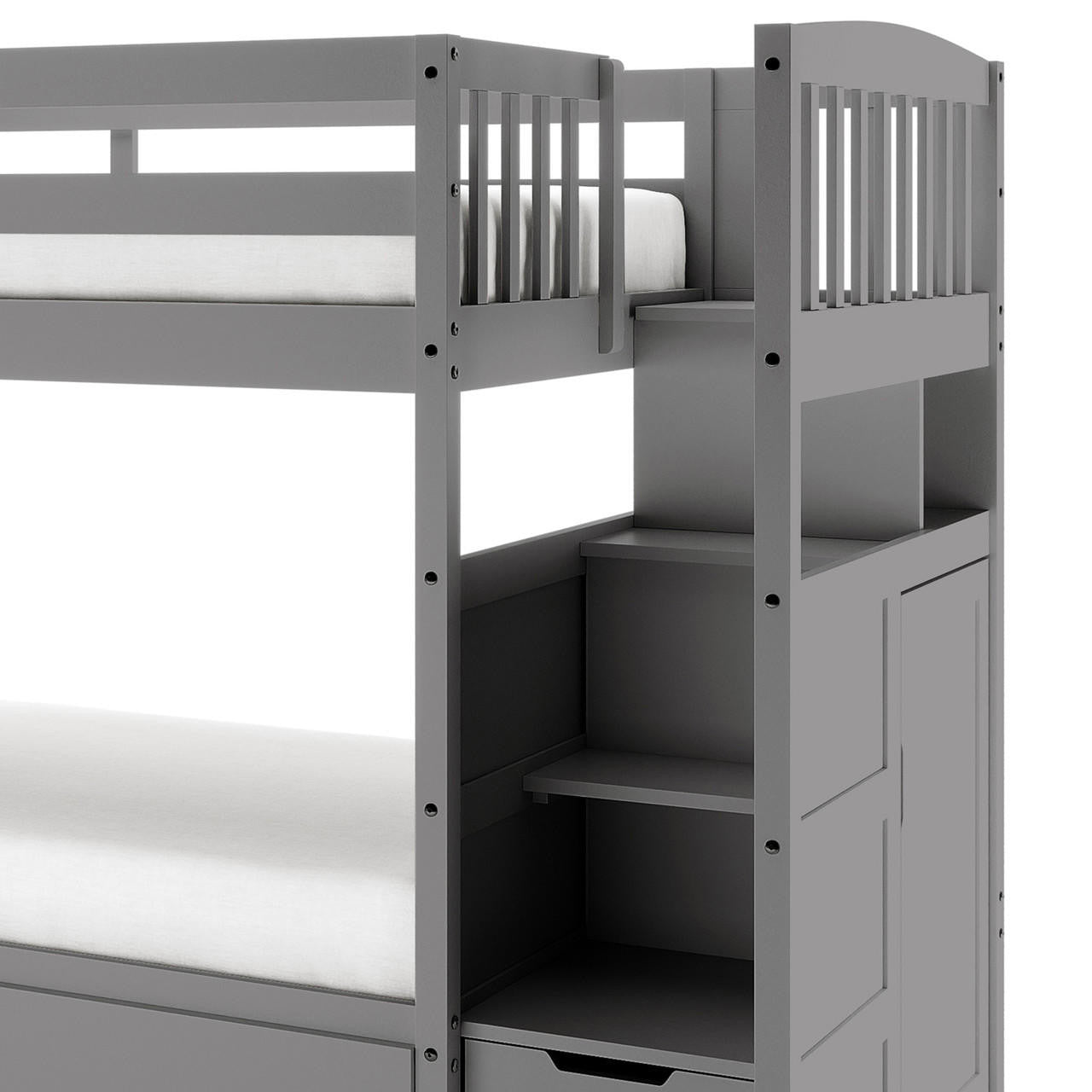 Flavia Solid Pine Wood Staircase Storage Bunk Bed in Grey features a two-tier design with built-in storage steps, guardrails on the upper bunk, and a sleek modern finish.