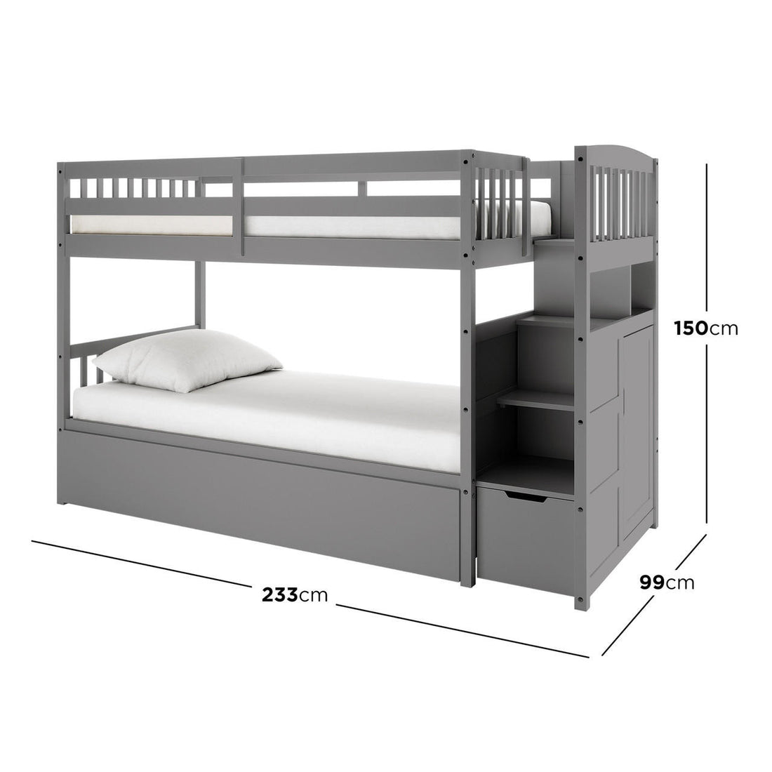 Flavia Solid Pine Wood Staircase Storage Bunk Bed in Grey featuring a twin-over-twin design with guard rails, boxed-in step shelves, pull-out drawer, and sleek headboards.