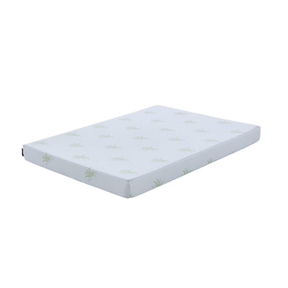 Flavia Timber Bunk Bed & Junior Mattress Package - White, featuring a rectangular foam mattress with a white cover printed with aloe-vera leaf motifs, offering style, comfort, and efficient space utilization.