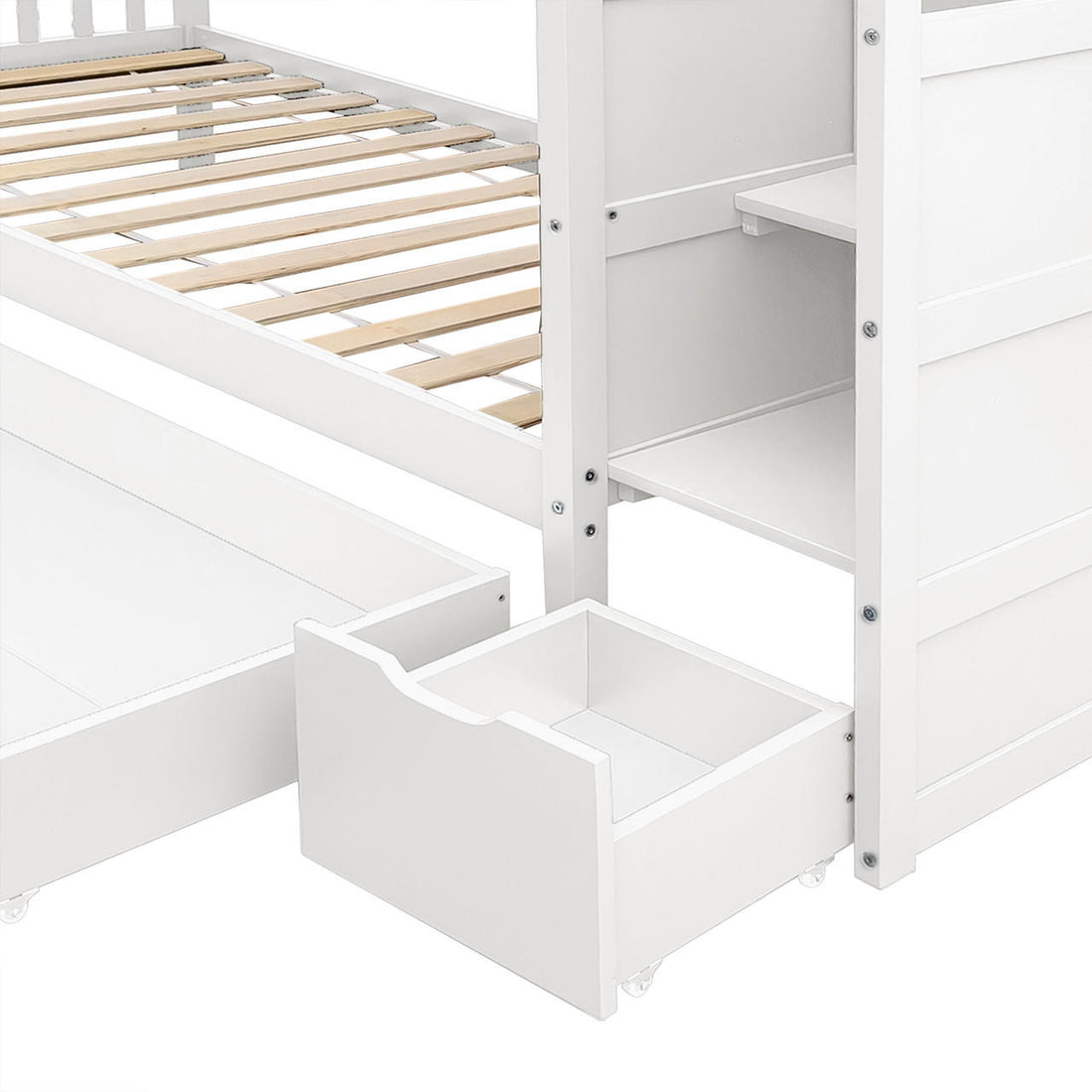 Flavia Solid Pine Wood Staircase Storage Bunk Bed in White, showcasing slatted mattress supports, built-in shelving, and a pull-out storage drawer on casters underneath, highlighting its space-saving and organized design.
