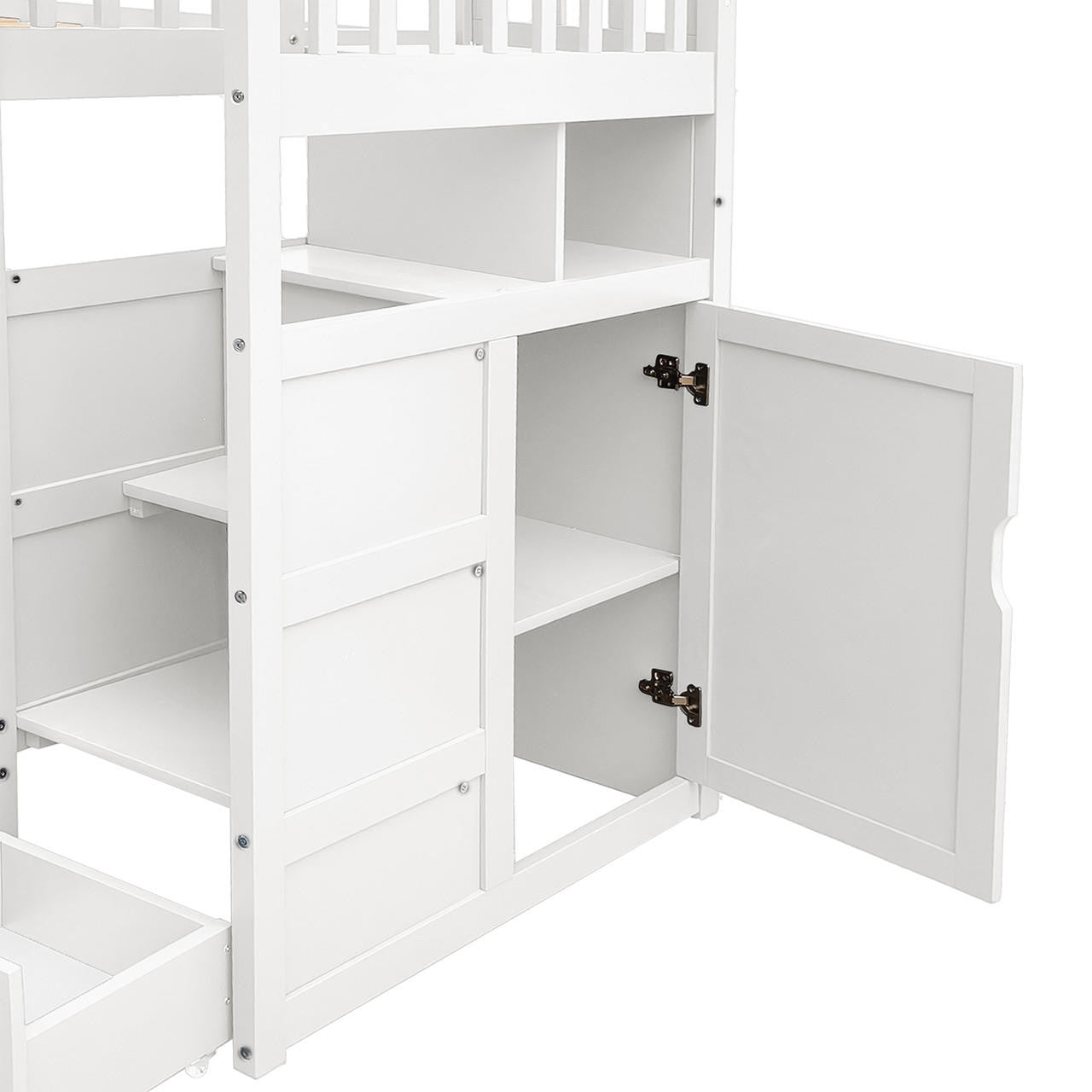 Flavia Solid Pine Wood Staircase Storage Bunk Bed in White features an open cabinet with shelves, a small drawer, and a cubby, enhancing space efficiency and organization in children's rooms.