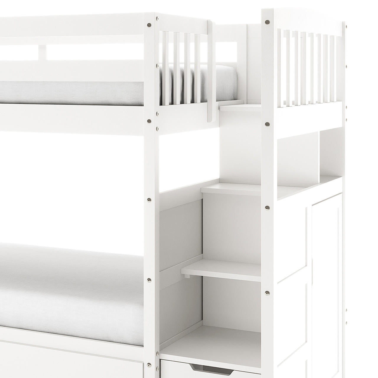 Flavia Solid Pine Wood Staircase Storage Bunk Bed in White, featuring two bunk levels, built-in staircase with shelves, safety rails on top bunk, and under-stair drawers for organized storage.