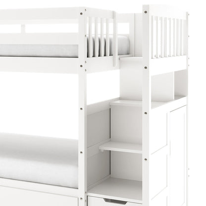 Flavia Solid Pine Wood Staircase Storage Bunk Bed in White, featuring two bunk levels, built-in staircase with shelves, safety rails on top bunk, and under-stair drawers for organized storage.