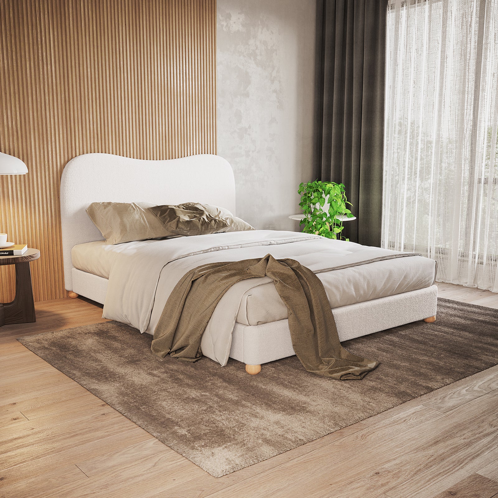 Ginnie Bouclé Curved Double Bed Frame in cream white, featuring a plush curved headboard, upholstered in bouclé fabric, centered in a softly lit bedroom with neutral bedding and a wooden nightstand.