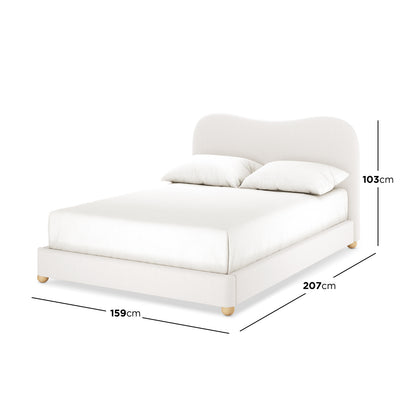 Ginnie Bouclé Curved Double Bed Frame in cream white with a softly curved headboard, plush bouclé upholstery, and sturdy timber legs, showcasing its elegant design and dimensions for modern bedroom spaces.