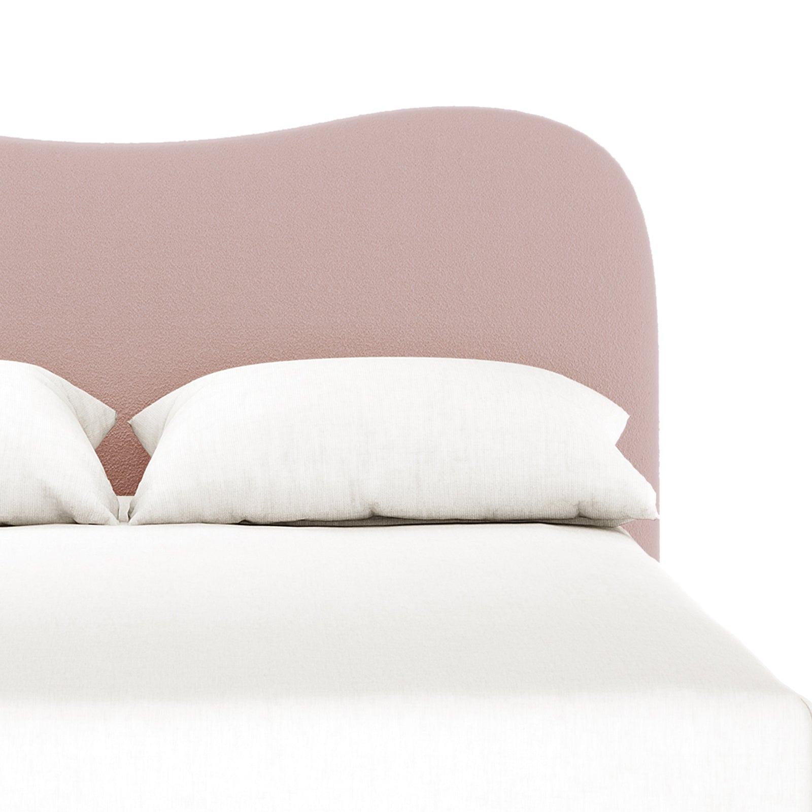 Ginnie Double Curved Boucle Cloud Bed Frame in Pink featuring a blush-pink curved upholstered headboard with two white pillows and a white bedding surface, highlighting its elegant and modern design.