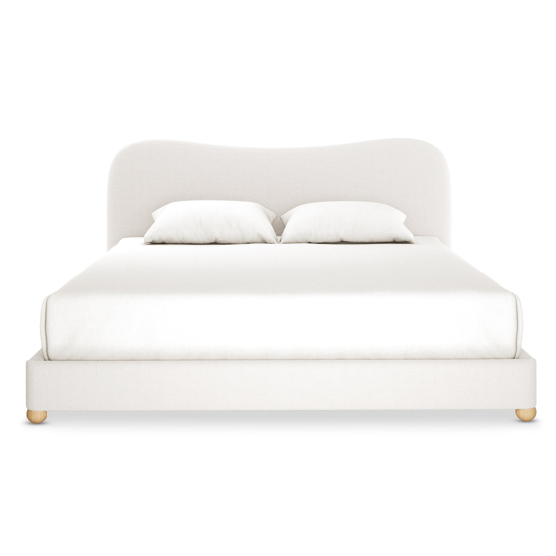 Ginnie Bouclé Curved King Bed Frame - Cream White features an off-white upholstered platform design with a gently curved headboard, matching linens, and short wooden feet, ideal for modern bedrooms.