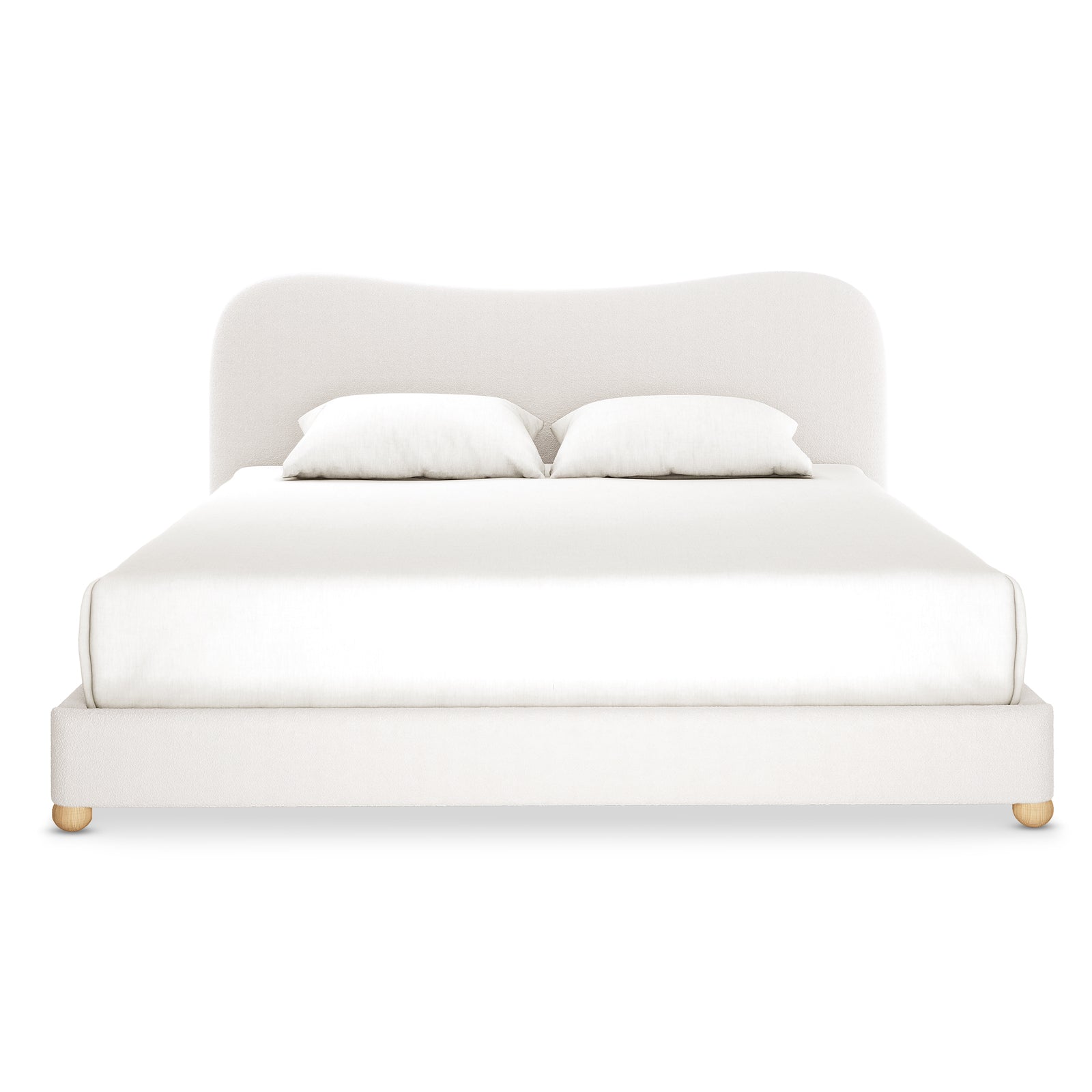 Ginnie Bouclé Curved King Bed Frame - Cream White features an off-white upholstered platform design with a gently curved headboard, matching linens, and short wooden feet, ideal for modern bedrooms.
