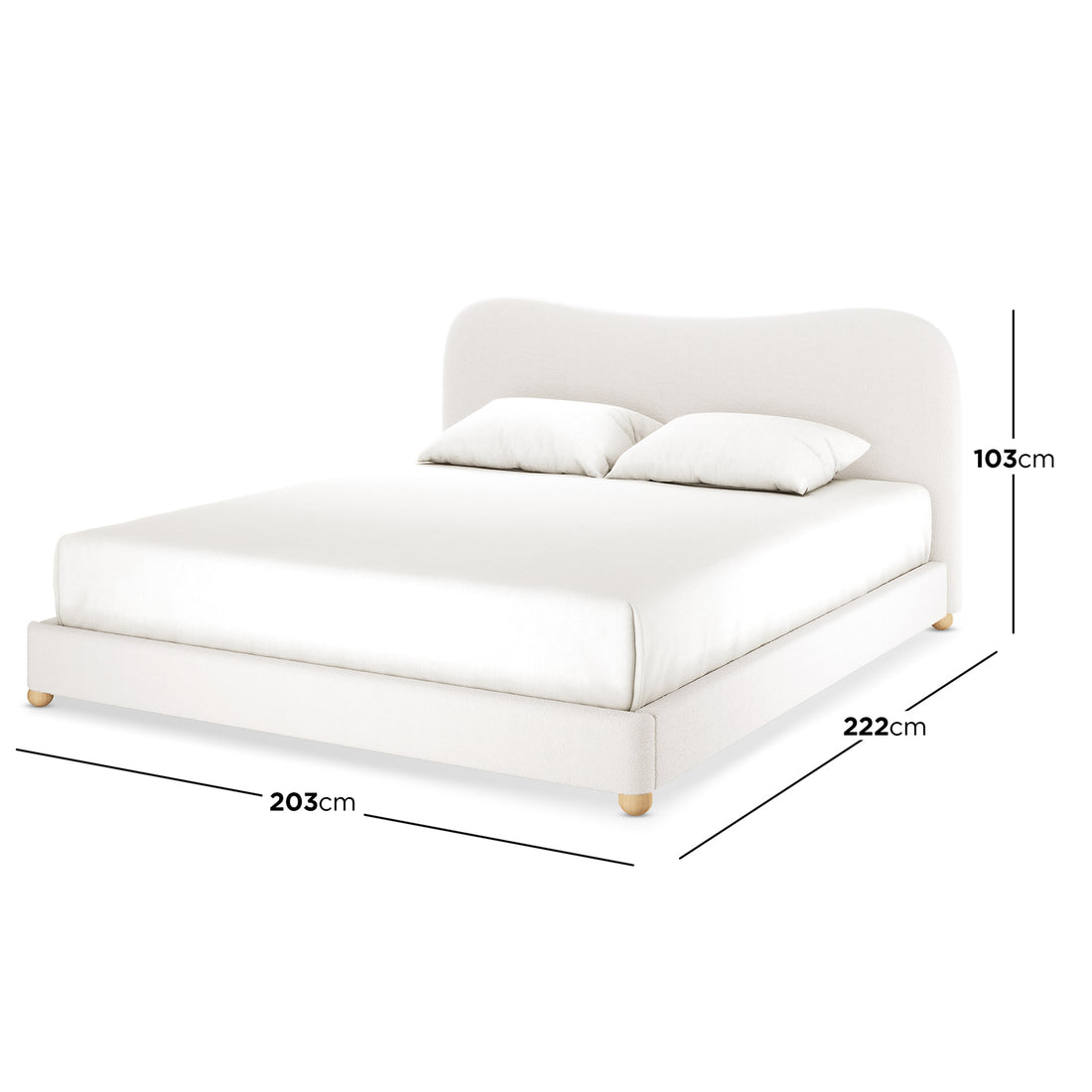 Ginnie Bouclé Curved King Bed Frame – Cream White, showcasing a minimalist design with a curved headboard, upholstered in light-neutral fabric. It features short wooden legs and includes a mattress with two pillows.