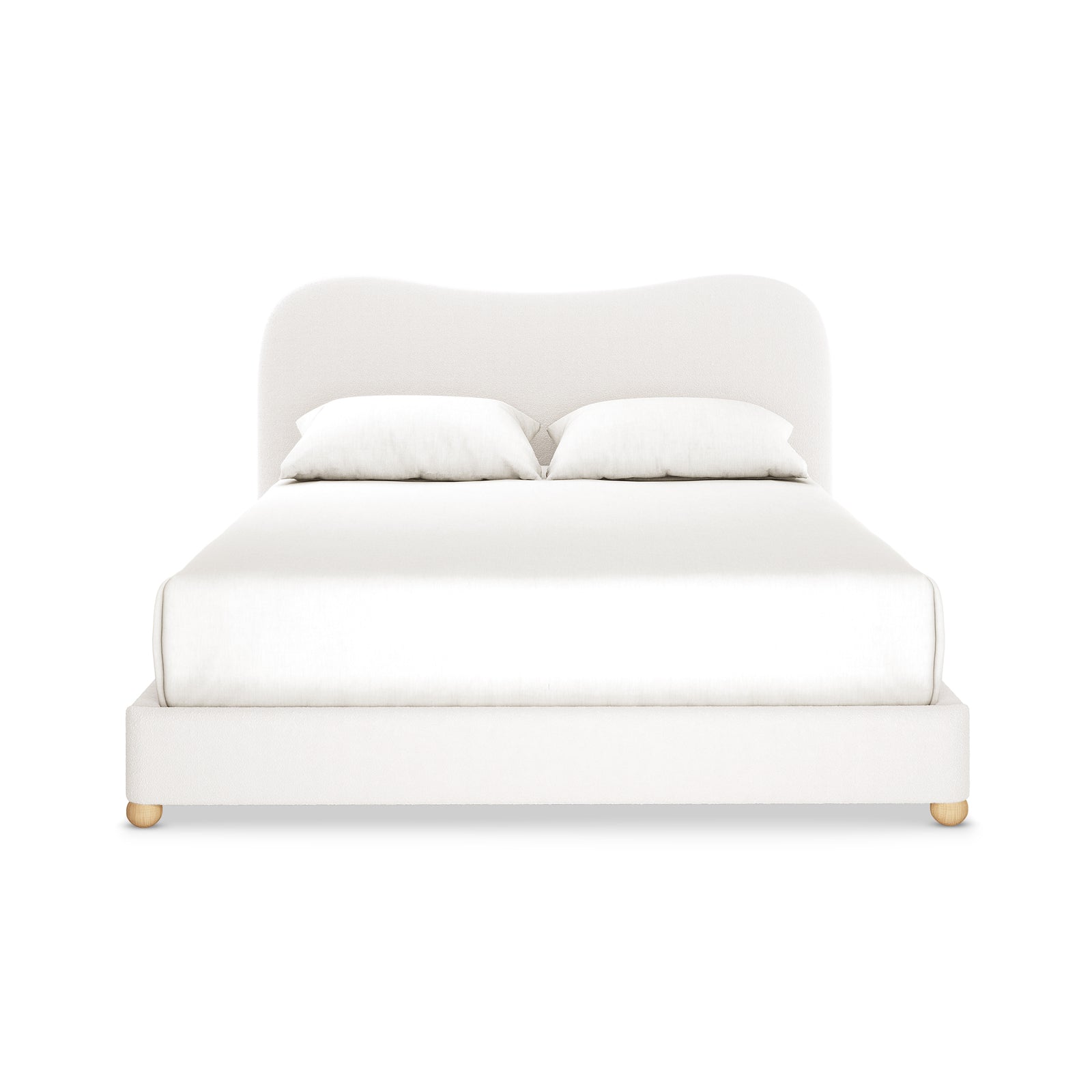 Ginnie Boucle Bed & Oriona Mattress - Queen Cream features a plush curved headboard and luxurious bouclé fabric, paired with a 25cm cool gel pocket spring mattress for ultimate comfort and style.