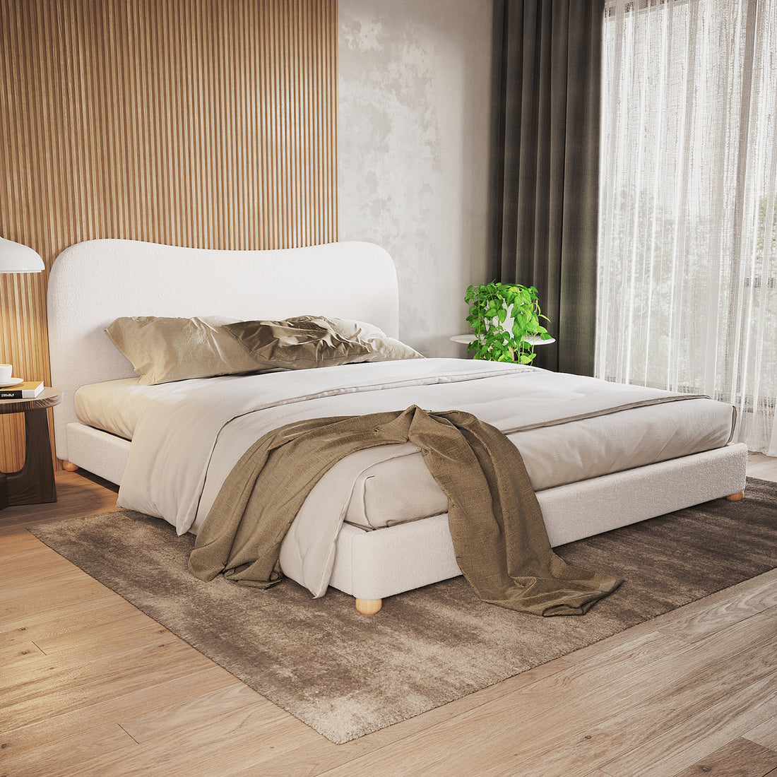 Ginnie Boucle Bed & Oriona Mattress - King Cream features a plush curved headboard, cozy bouclé fabric, and a sturdy timber frame, complemented by a supportive, cool gel mattress.