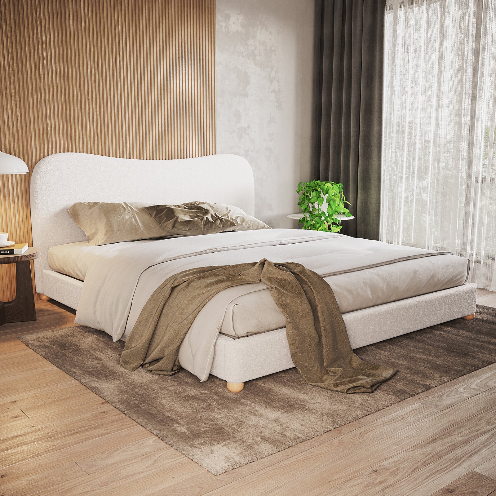 Ginnie Boucle Bed & Oriona Mattress - King Cream features a plush curved headboard, cozy bouclé fabric, and a sturdy timber frame, complemented by a supportive, cool gel mattress.