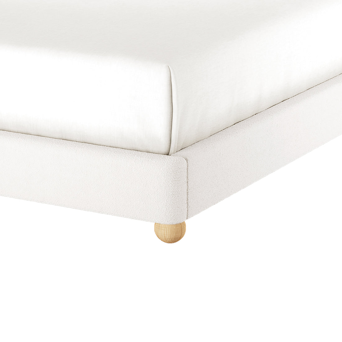Ginnie Boucle Bed & Oriona Mattress - King Cream features a plush curved headboard in bouclé fabric, paired with the Oriona mattress, showcasing a sleek, modern design for ultimate comfort and style.