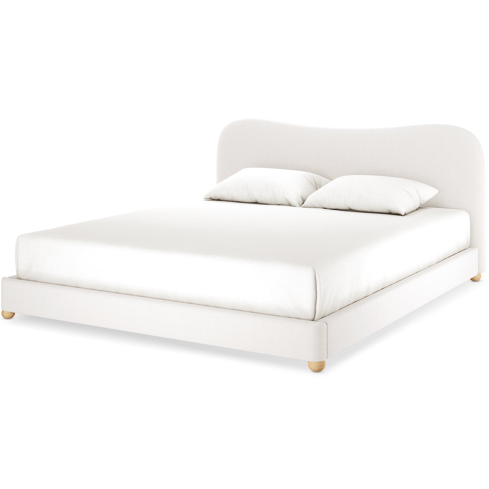 Ginnie Boucle Bed & Oriona Mattress - Super King featuring a plush curved headboard, luxurious bouclé fabric, and a supportive, breathable mattress, displayed in a modern bedroom setting.