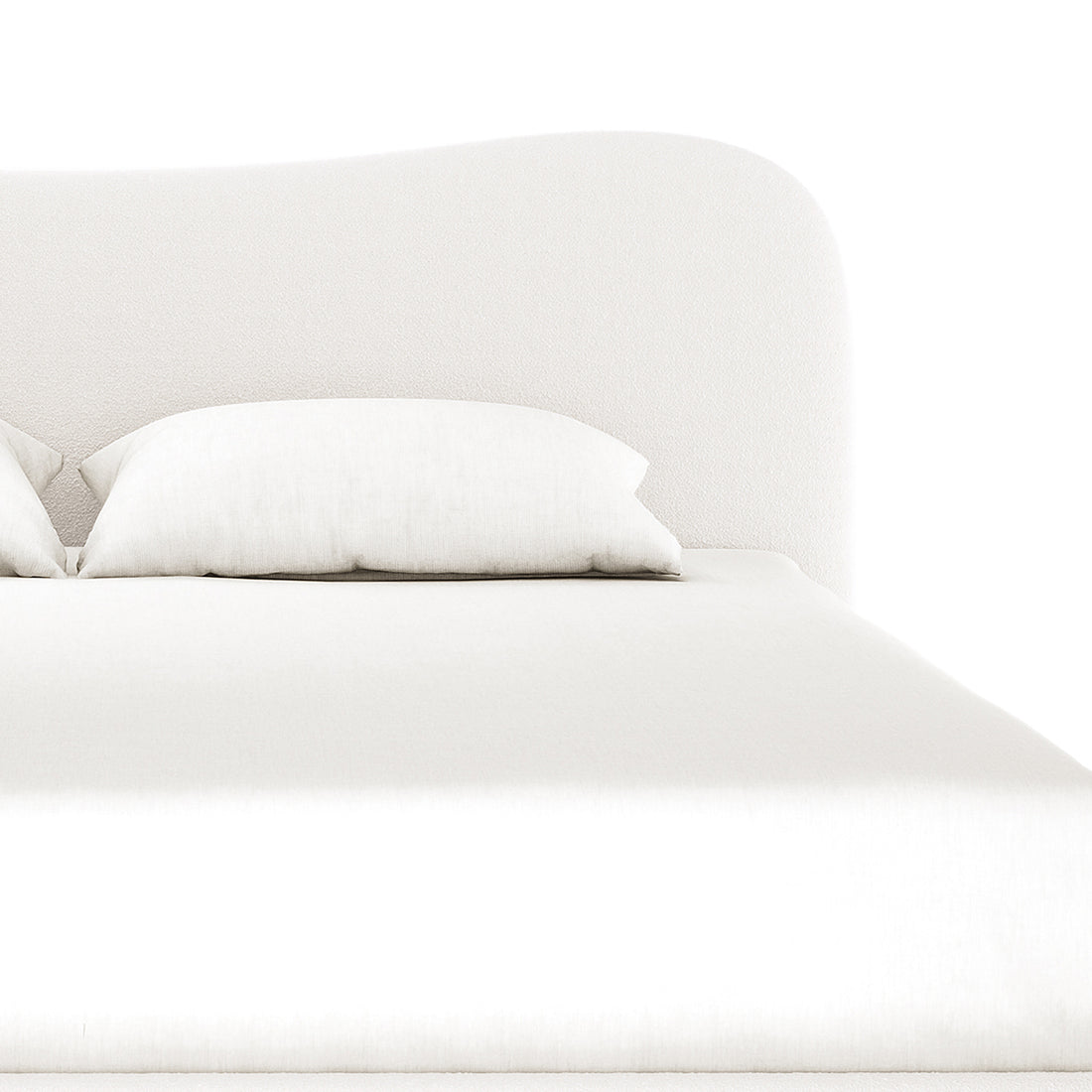 Ginnie Boucle Bed & Oriona Mattress - Super King, featuring a plush curved headboard in bouclé fabric and a thick, cool gel pocket spring mattress, displayed on a neatly made bed.