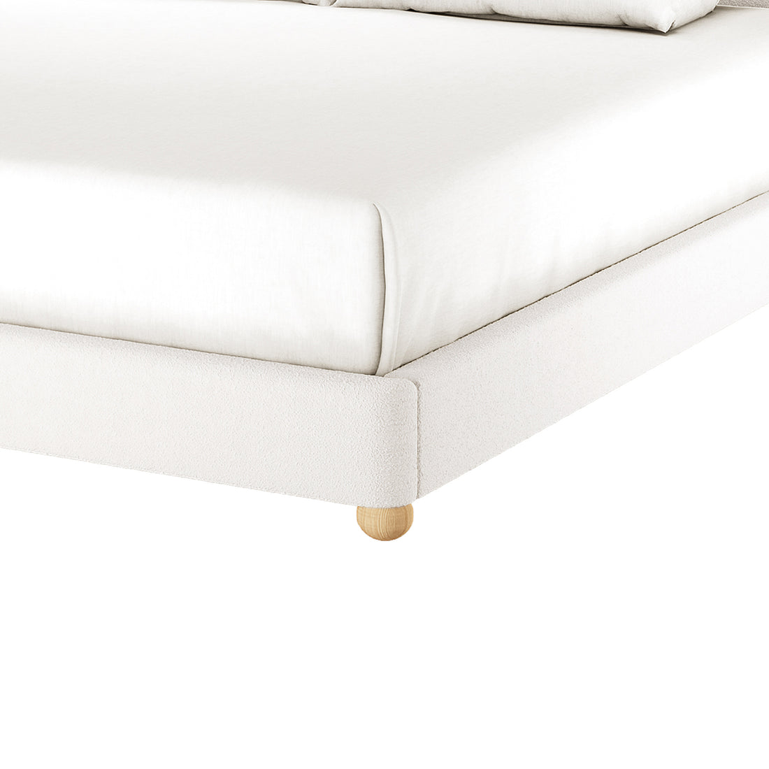 Ginnie Boucle Bed & Oriona Mattress - Super King, showcasing the plush curved headboard and luxurious bouclé fabric, paired with a supportive Oriona mattress featuring cool gel memory foam and pocket springs.