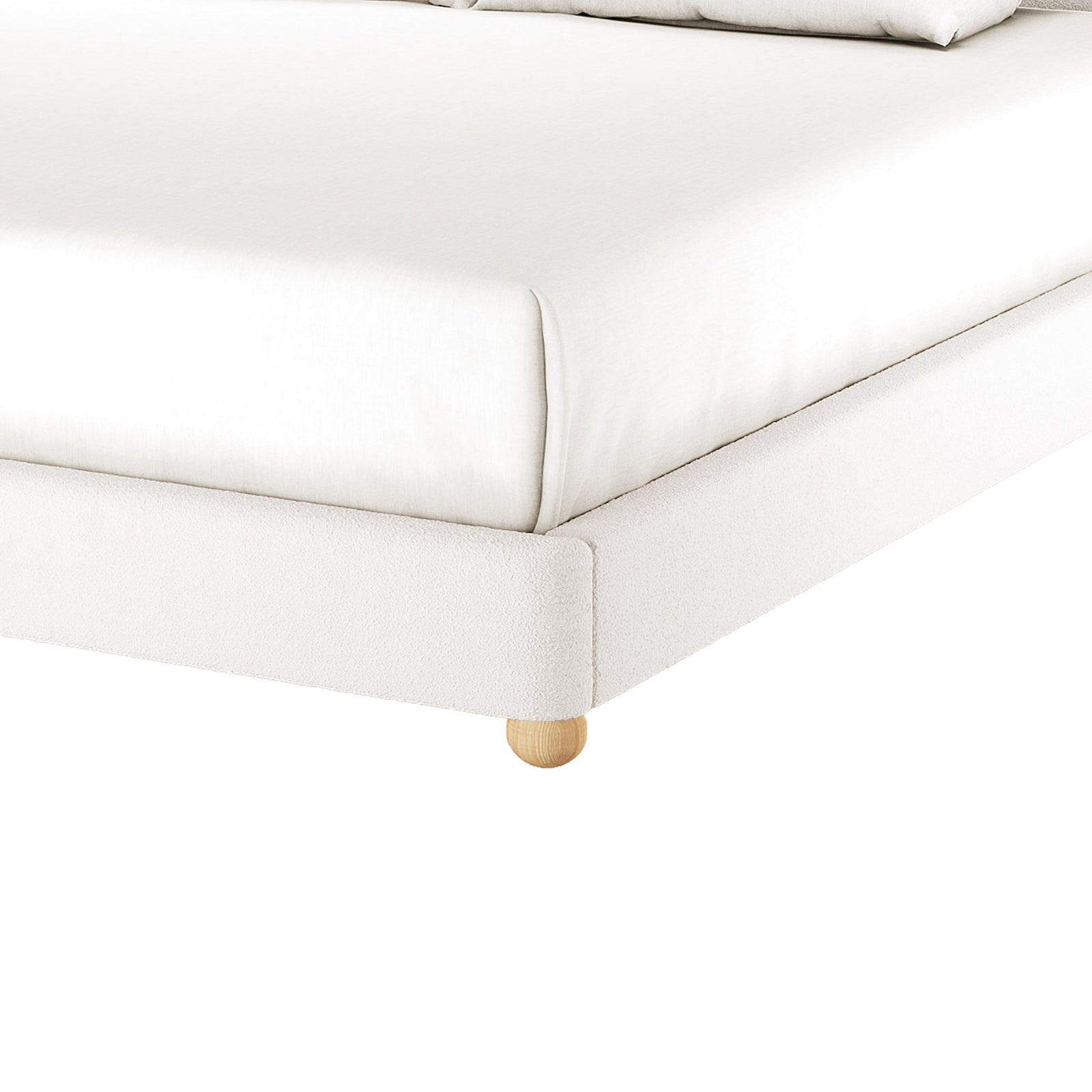 Ginnie Boucle Bed & Oriona Mattress - Super King, showcasing the plush curved headboard and luxurious bouclé fabric, paired with a supportive Oriona mattress featuring cool gel memory foam and pocket springs.
