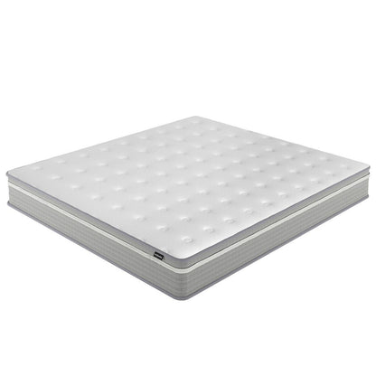 Ginnie Boucle Bed & Oriona Mattress - Super King: A sleek bed frame with a curved headboard, paired with a plush, pocket spring mattress, showcasing modern design and comfort.
