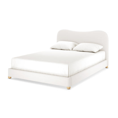 Ginnie Bouclé Curved Queen Bed Frame – Cream White, featuring a low-profile upholstered platform, softly curved headboard, and plush bouclé fabric, designed for modern elegance and comfort.