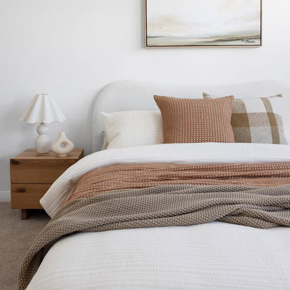 Ginnie Queen Curved Bouclé Cloud Bed Frame in Cream White, featuring a plush curved headboard upholstered in soft bouclé fabric, set in a minimalist bedroom with complementary bedding and decor - lifestyle