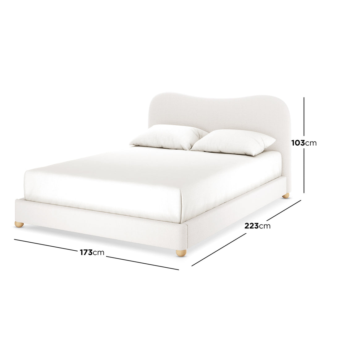 Ginnie Bouclé Curved Queen Bed Frame in Cream White features an off-white upholstered platform with a curved headboard, four wooden legs, and simple bedding, showcasing its elegant bouclé fabric and modern design.