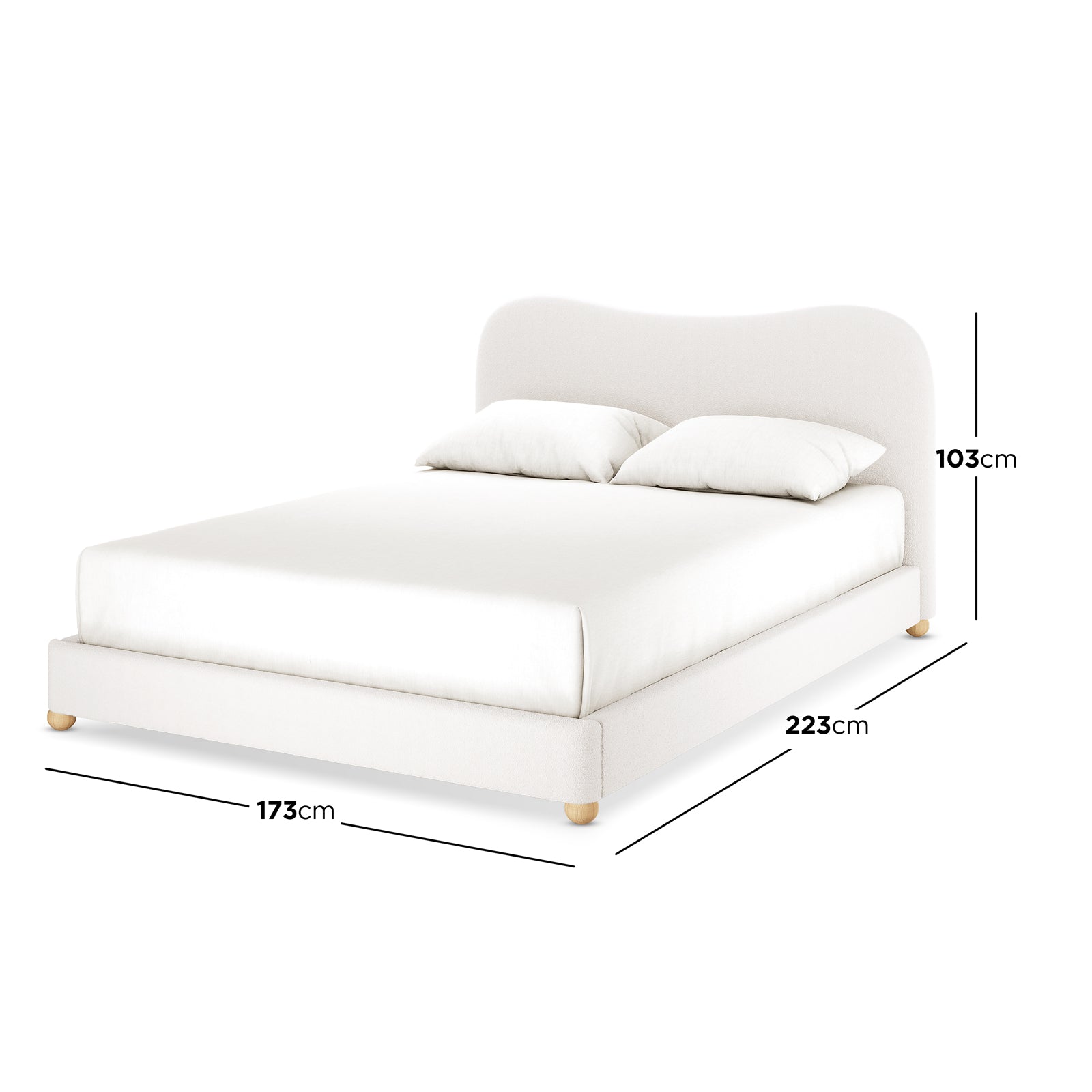 Ginnie Bouclé Curved Queen Bed Frame in Cream White features an off-white upholstered platform with a curved headboard, four wooden legs, and simple bedding, showcasing its elegant bouclé fabric and modern design.