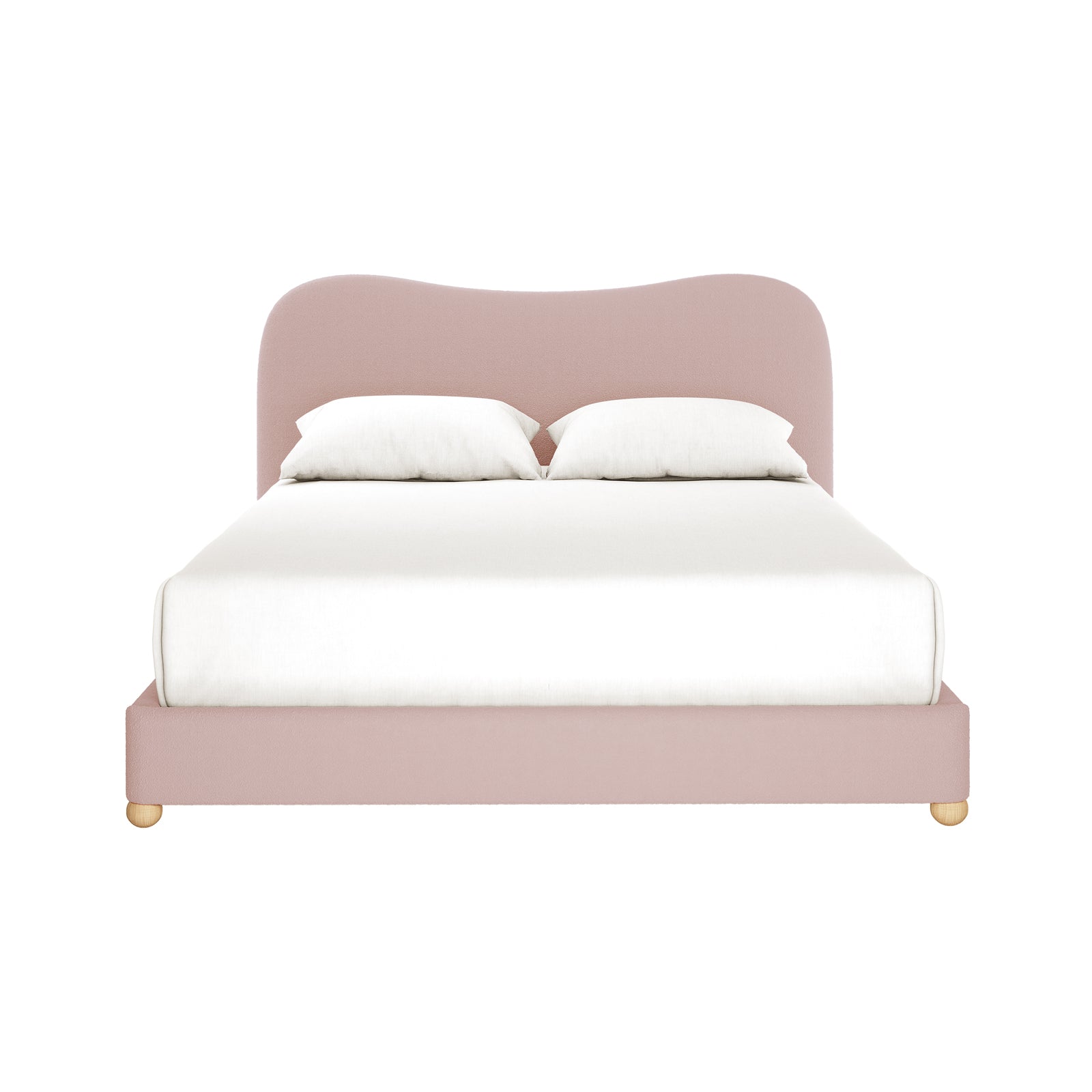 Ginnie Queen Curved Boucle Cloud Bed Frame in Pink, features a plush, blush-pink curved headboard and base, upholstered in bouclé fabric, with a white mattress and pillows, on low wooden feet.