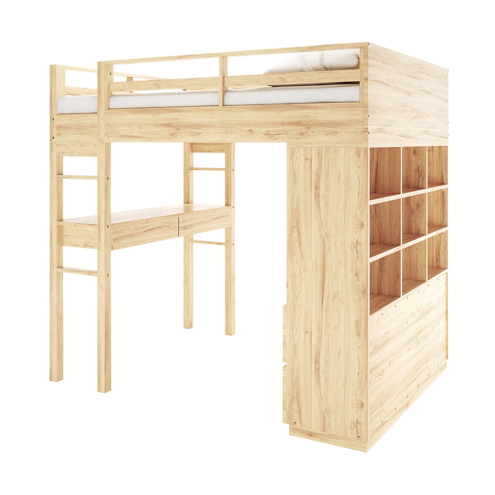 Gio Loft Bed with Cabinet and Desk King Single Natural, featuring sturdy wooden construction, built-in desk, open shelves, and ladder for easy access, ideal for maximizing space in compact bedrooms.