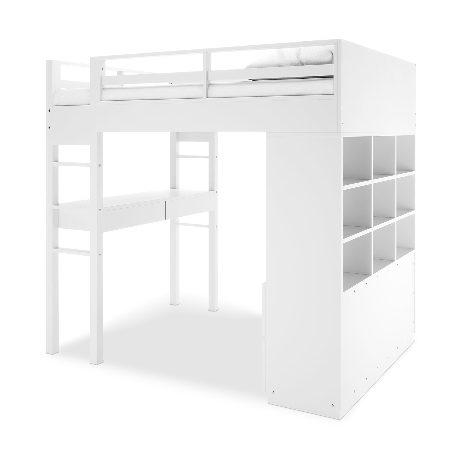 Gio Loft Bed with Cabinet and Desk King Single White features an elevated sleeping area with a sturdy ladder, built-in desk, shelving, and drawers, offering a multifunctional space-saving solution.