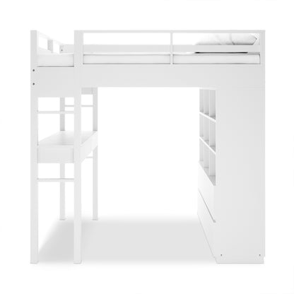 Gio Loft Bed with Cabinet and Desk King Single White features a sleek design with built-in shelves, a study desk, and a sturdy ladder, optimizing space for a stylish, functional bedroom solution.