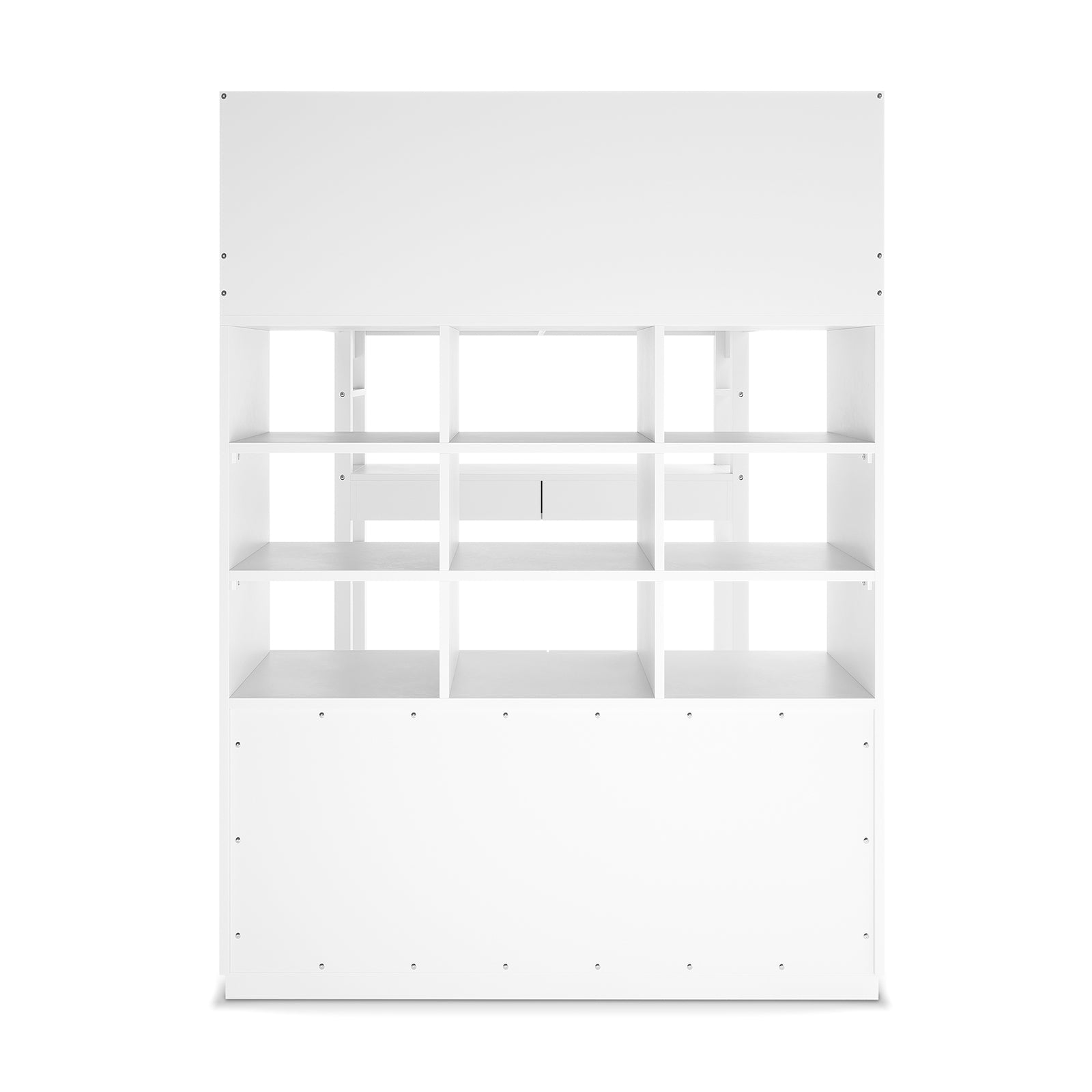 Gio Loft Bed with Cabinet and Desk King Single White featuring a rectangular design with built-in desk, open shelving, drawers, and an elevated sleeping area accessed by a ladder.