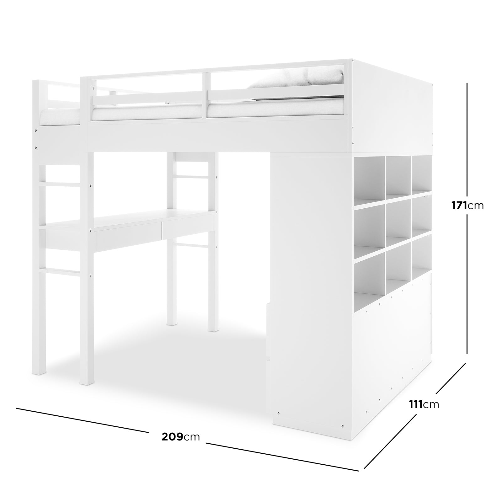 Gio Loft Bed with Cabinet and Desk King Single White features built-in shelves, drawers, and a desk, with an elevated bed accessible via a ladder, ideal for maximizing space.