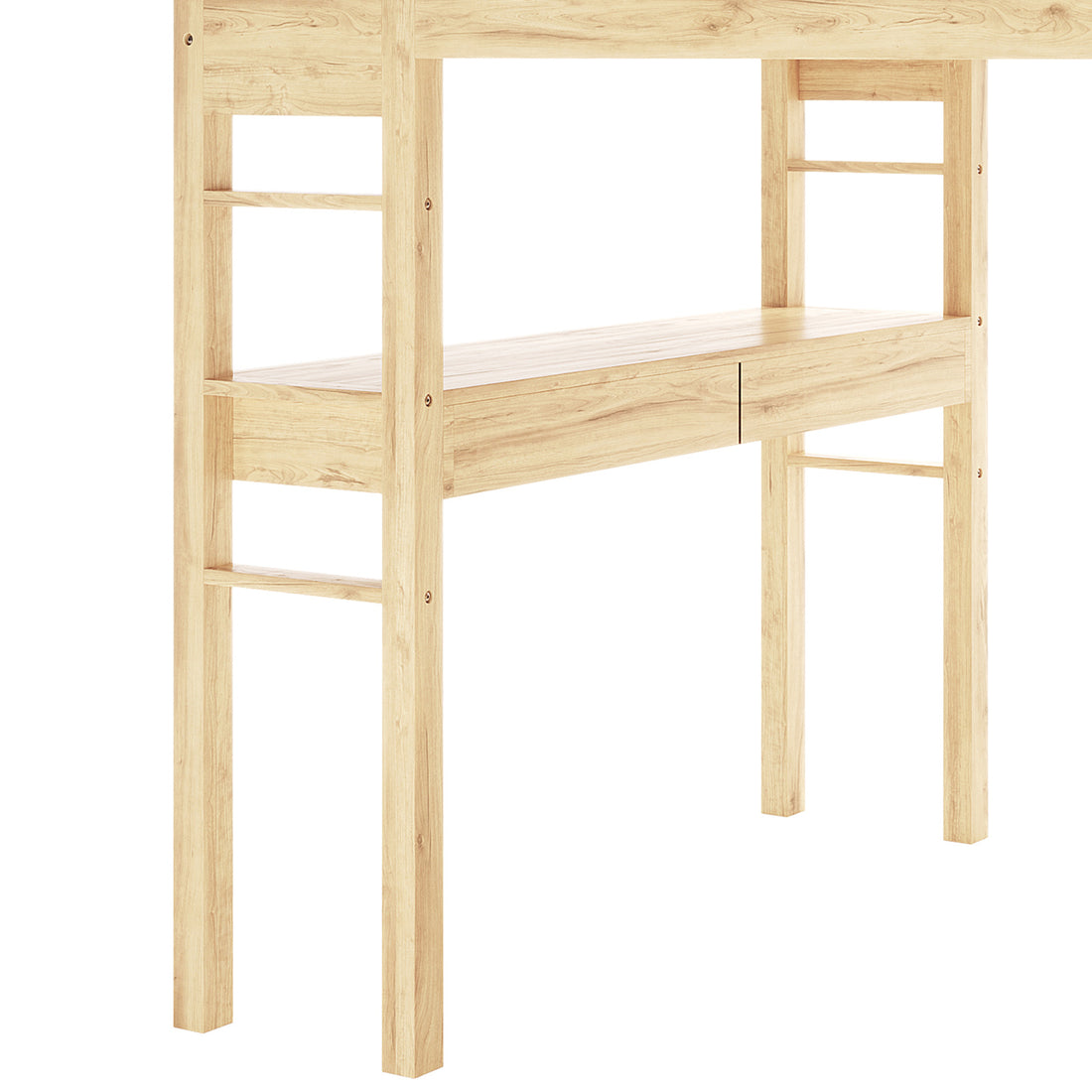 Gio Double Wooden Storage Loft Bed with Desk in Natural features a sturdy wood frame, integrated desk with two drawers, ladder-style sides, creating a functional and stylish space-saving solution.
