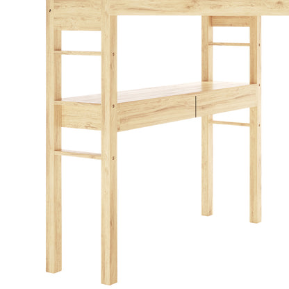 Gio Double Wooden Storage Loft Bed with Desk in Natural features a sturdy wood frame, integrated desk with two drawers, ladder-style sides, creating a functional and stylish space-saving solution.