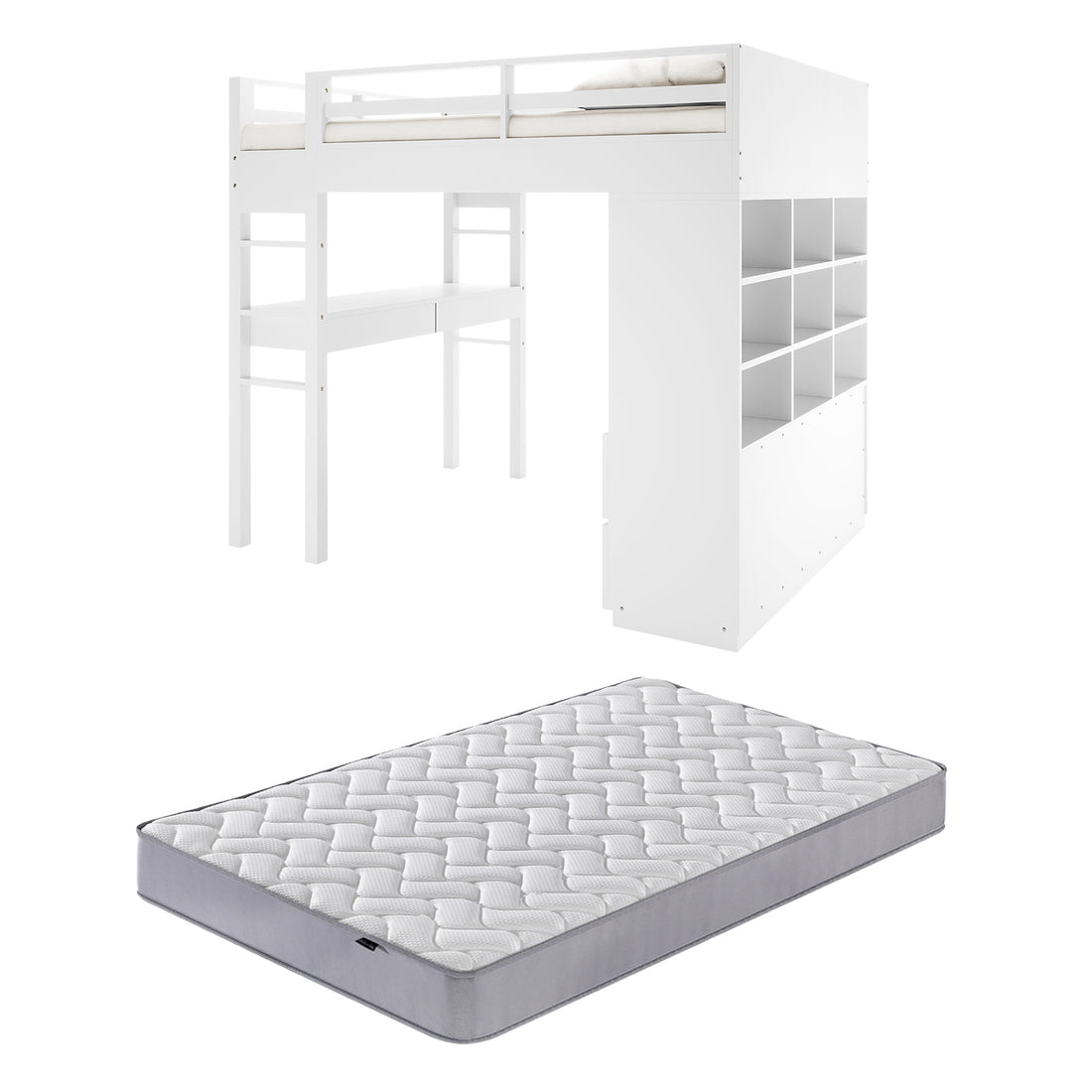 Gio & Vesta Double Storage Loft Bed & Mattress Set in White features a loft bed with guardrails, ladder, integrated desk, cube-style shelving, and standalone twin-size mattress, ideal for compact spaces.