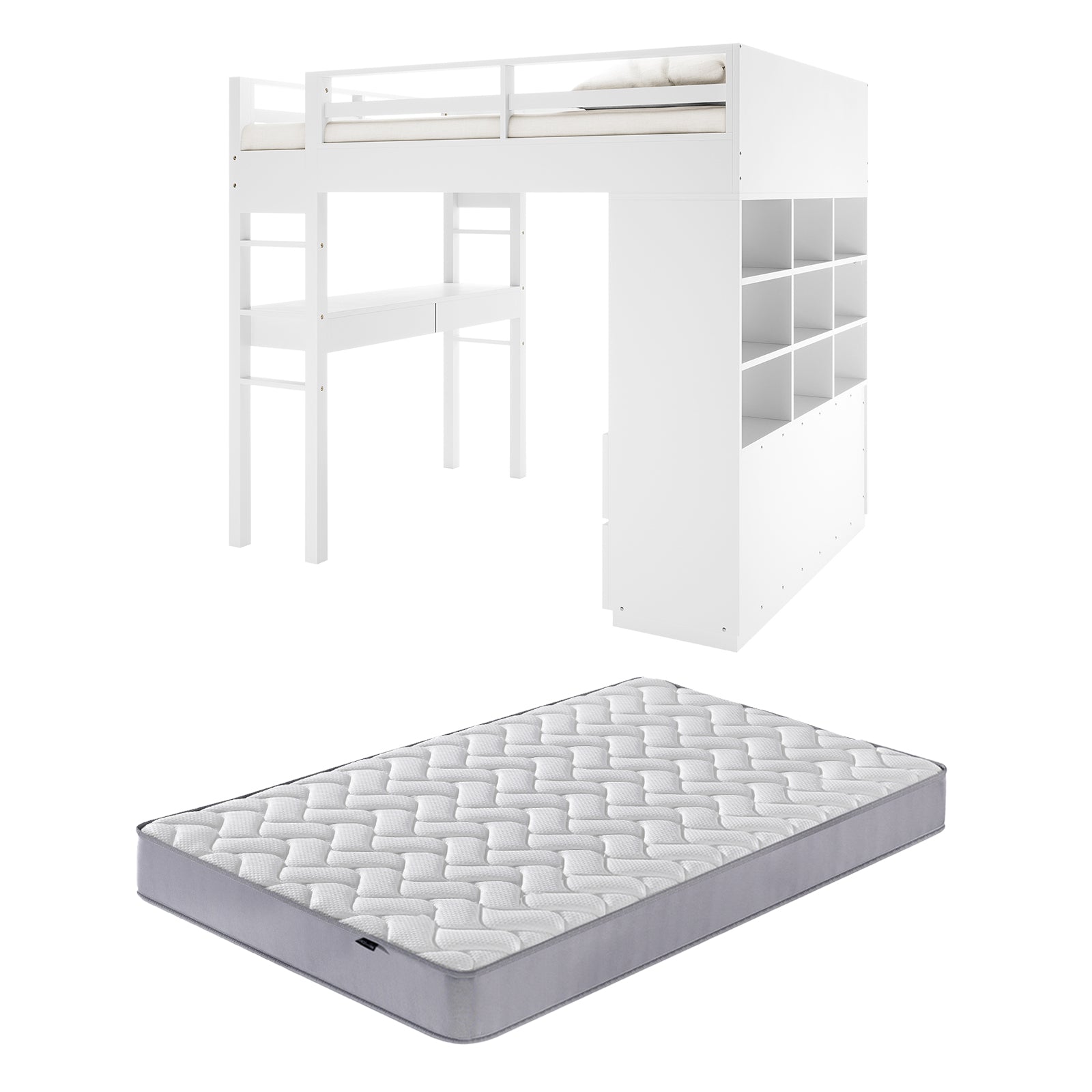 Gio & Vesta Double Storage Loft Bed & Mattress Set in White features a loft bed with guardrails, ladder, integrated desk, cube-style shelving, and standalone twin-size mattress, ideal for compact spaces.