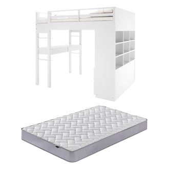Gio & Vesta Double Storage Loft Bed & Mattress Set in White features a loft bed with guardrails, ladder, integrated desk, cube-style shelving, and standalone twin-size mattress, ideal for compact spaces.