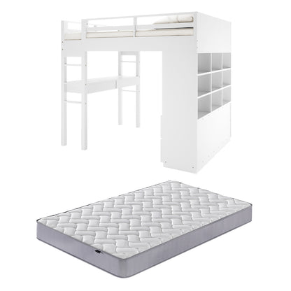 Gio & Vesta Double Storage Loft Bed & Mattress Set in White features a loft bed with guardrails, ladder, integrated desk, cube-style shelving, and standalone twin-size mattress, ideal for compact spaces.