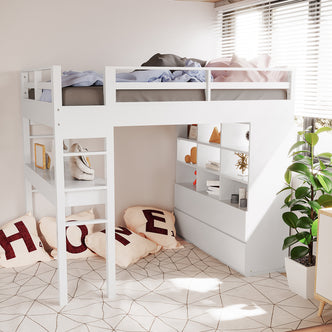 Gio & Vesta Double Storage Loft Bed & Mattress Set in White features a raised bed with ladder, built-in shelving, and drawers. Includes decorative pillows, geometric rug, and a leafy plant.