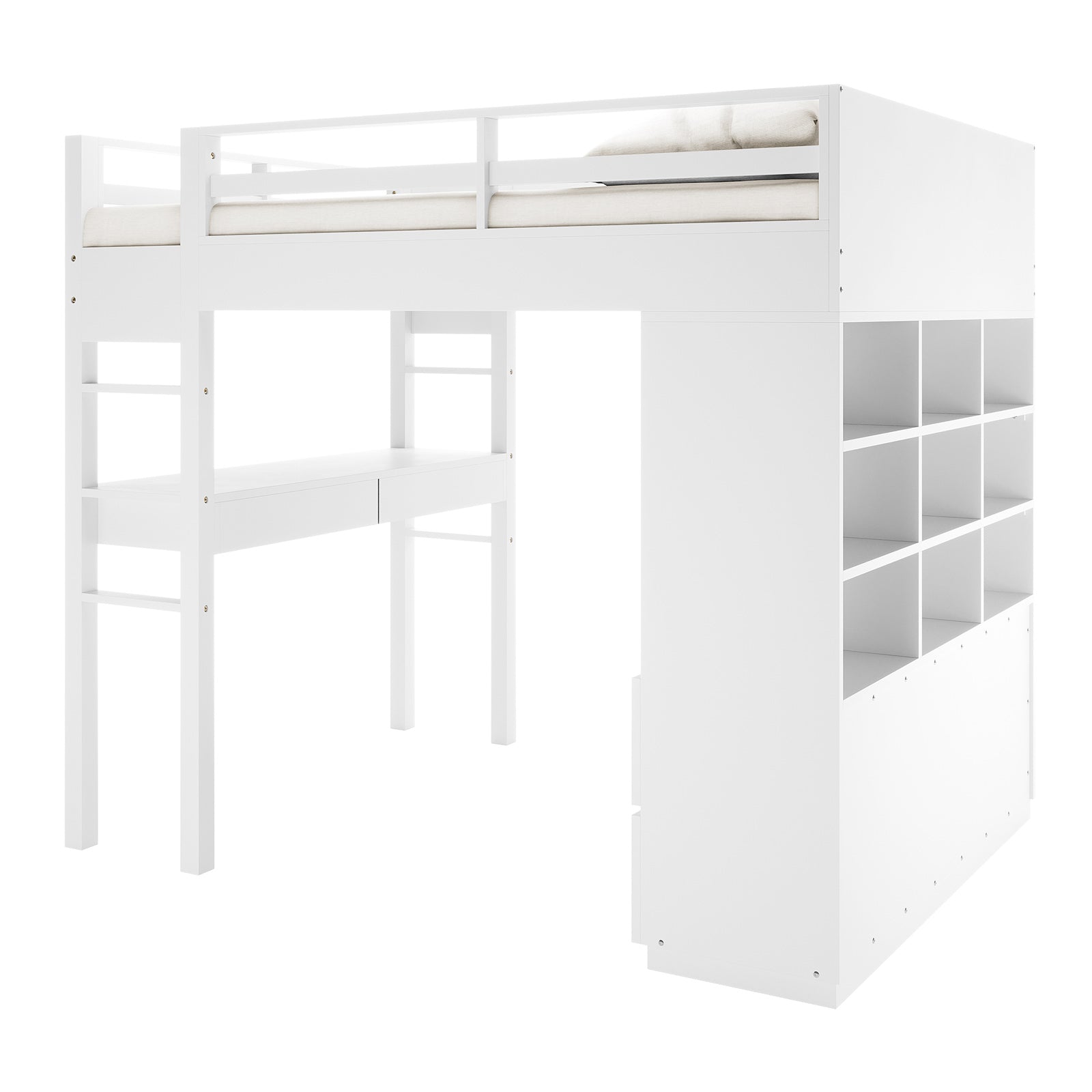 Gio & Vesta Double Storage Loft Bed & Mattress Set in White features a loft-style bed with safety rail, integrated desk, shelving unit, and ladder access, offering a compact, multifunctional sleep and workspace solution.