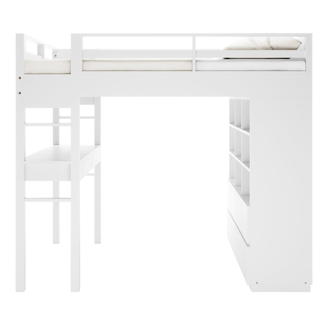 Gio & Vesta Double Storage Loft Bed & Mattress Set in White features a loft bed with ladder access, integrated desk, storage unit with cubbyholes and drawers, and a Vesta mattress for comfort.