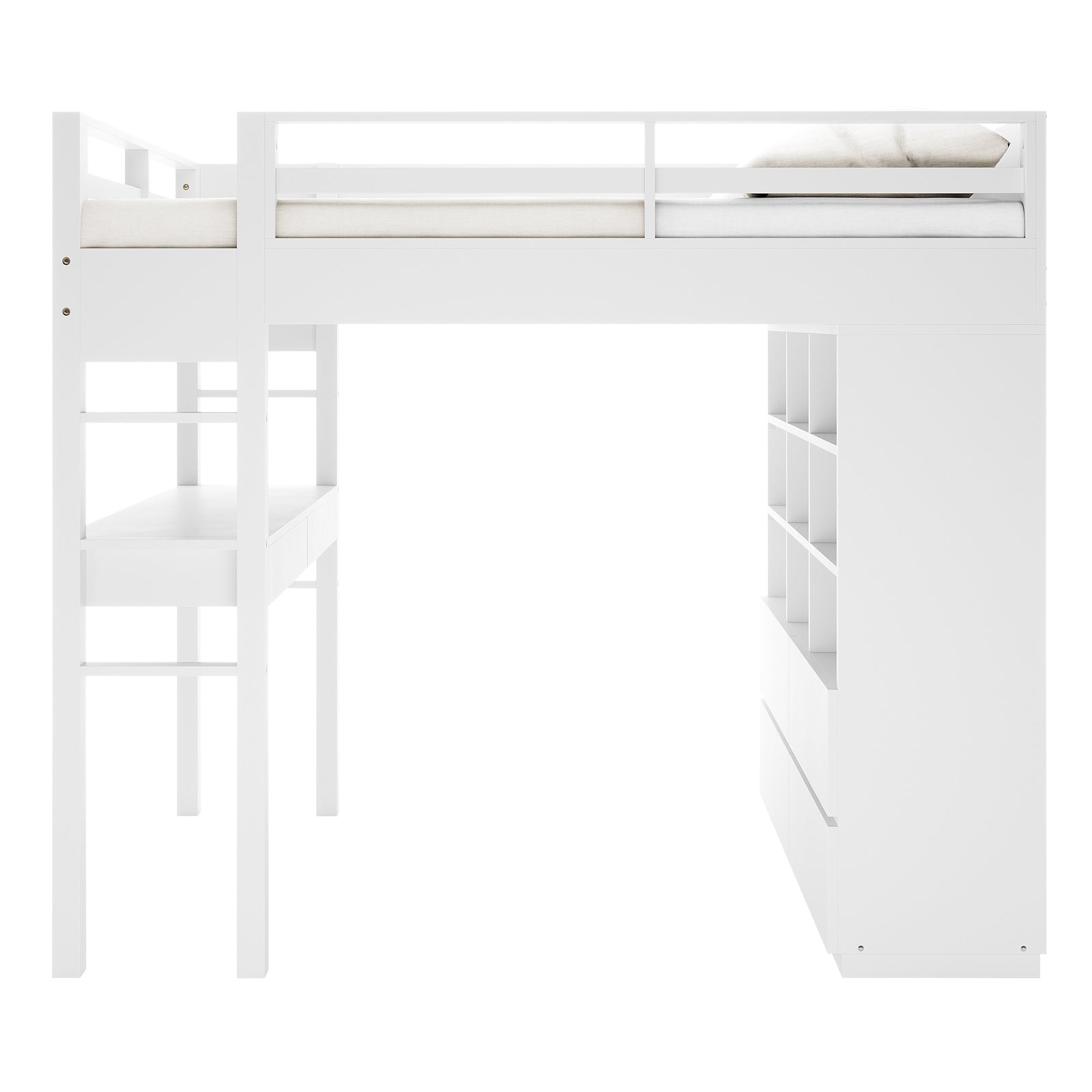 Gio & Vesta Double Storage Loft Bed & Mattress Set in White features a loft bed with ladder access, integrated desk, storage unit with cubbyholes and drawers, and a Vesta mattress for comfort.