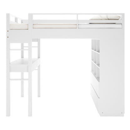 Gio & Vesta Double Storage Loft Bed & Mattress Set in White features a loft bed with ladder access, integrated desk, storage unit with cubbyholes and drawers, and a Vesta mattress for comfort.